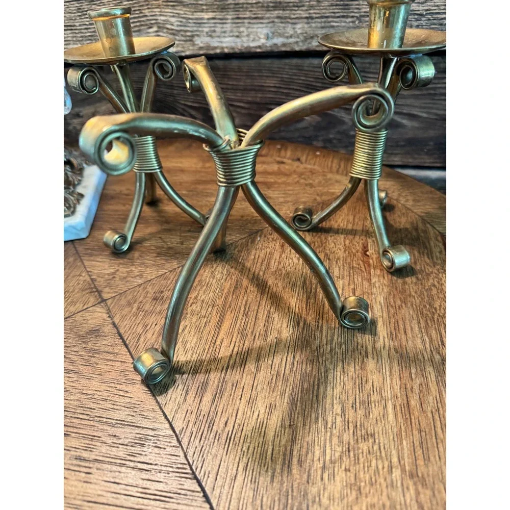 Vintage Brass Tripod Candle Holders  3Pair Brutalist Wire Wrapped Taper Stick